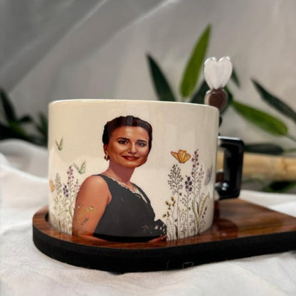 AHŞAP TABAKLI KALP KAŞIKLI FOTOGRAFLI İSİMLİ ÇAY KAHVE FİNCAN